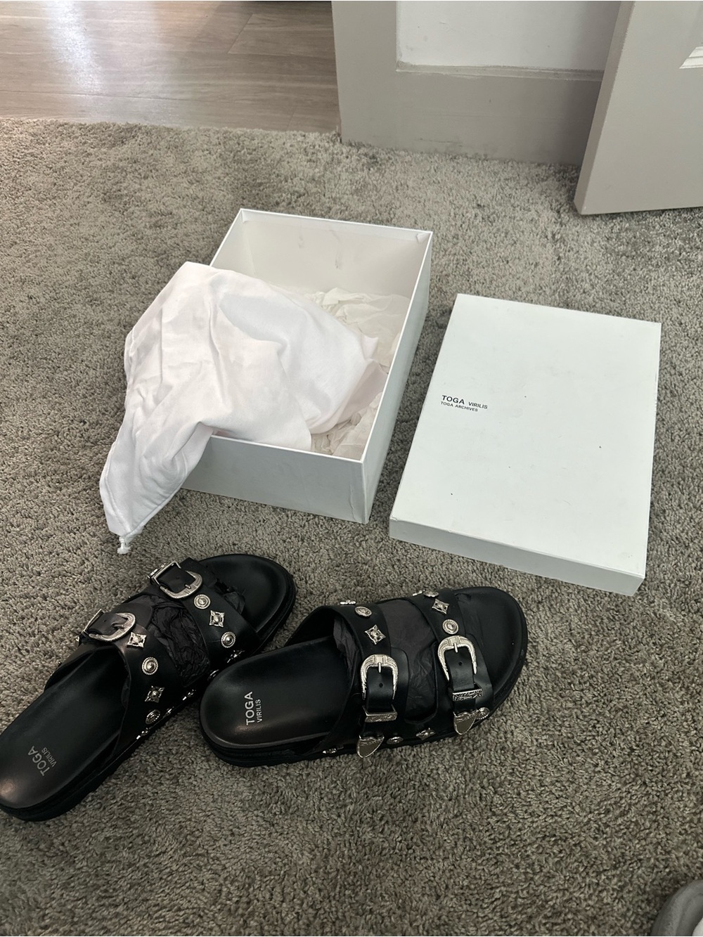 TOGA Black Studded Buckle Slide Mules